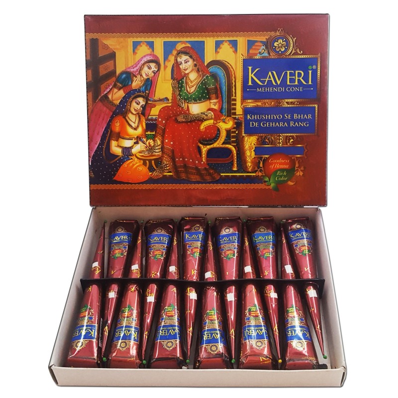 Doos met 12 Kaveri henna cones met natuurlijke bruine hennapasta