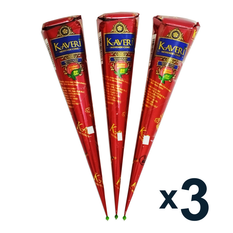 3 x Henna Kaveri - Henné marron naturel pour tatouages (set de 3 cônes)