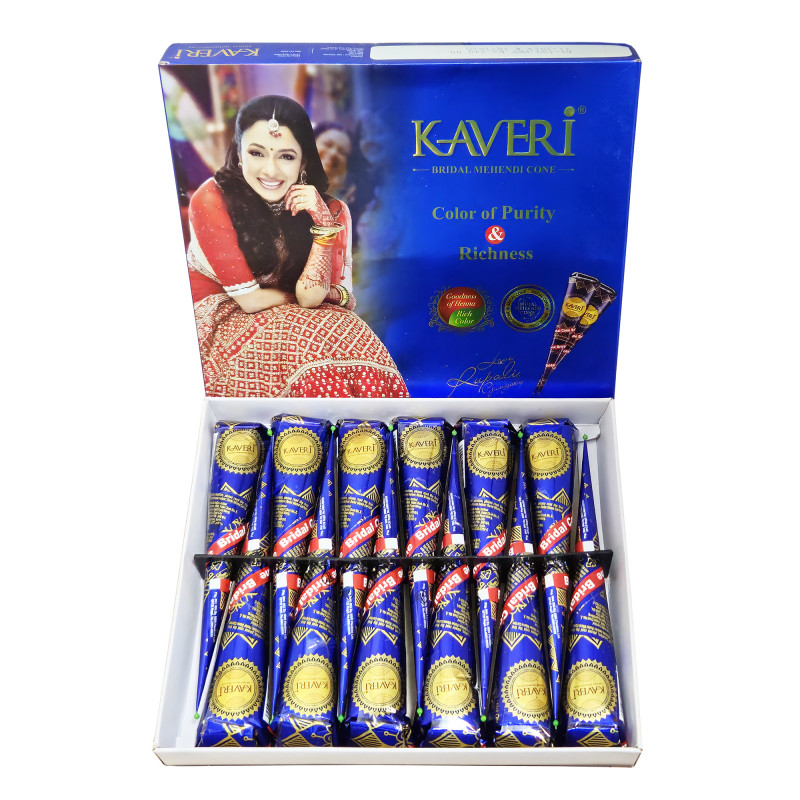 12 x Fersk henna Kaveri Premium (11/2024) – naturlig brun henna for mehndi (eske med 12 store kjegler)