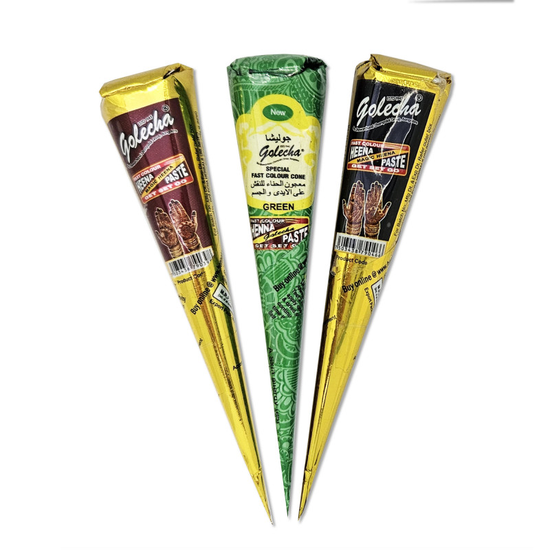 Set di 3 coni di henné per tatuaggi temporanei – nero, bordeaux e verde