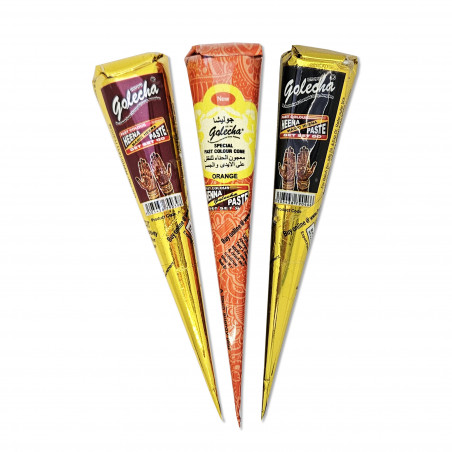 Set de 3 conos de henna para tatuajes temporales – negro, burdeos y naranja