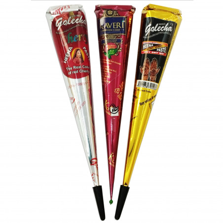 Set cu 3 conuri de henna pentru tatuaje temporare – neagră, roșie și naturală