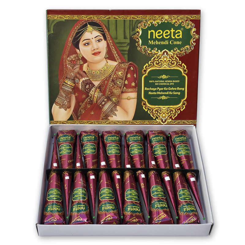 Box of 12 Neeta henna cones, fresh 07/2026 – natural brown paste for henna tattoos