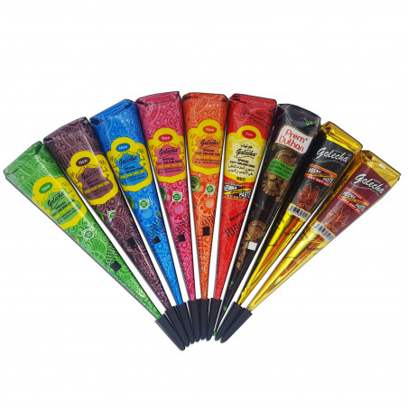 Set cu 9 conuri de henna pentru tatuaje temporare – 8 colorate și 1 naturală